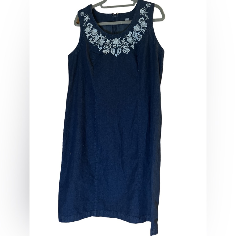 Dark denim, jean dress with flowers around the collar
